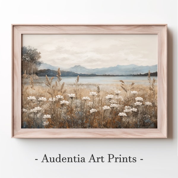 Printable Field of Wildflowers with Lake And Mountains Wall Art