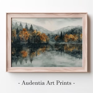 Printed Lakeside View of a Forest with Mountains in the Background Wall Art Poster