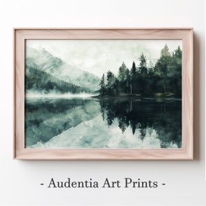 Printed Lakeside View of a Forest with Mountains in the Background Wall Art Poster