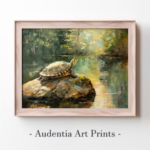 May include: A painting of a turtle sitting on a rock in a forest stream. The turtle is facing the right side of the image and looking up. The water is clear and reflects the trees and sky. The painting is done in a realistic style with a focus on detail.
