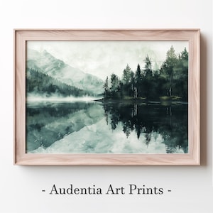 Printable Lakeside View of a Forest with Mountains in the Background Wall Art