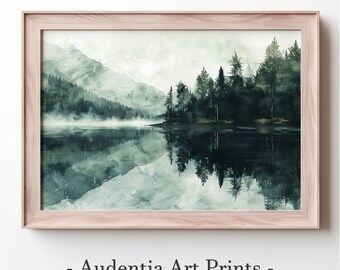 Pode incluir: Uma pintura em aquarela de um lago nebuloso com uma floresta e montanhas ao fundo. A água reflete as árvores e as montanhas, criando uma cena serena e pacífica.