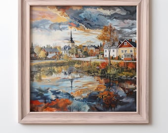 Druckbares Europäisches Dorf während Herbst Wandkunst