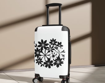 Stylish Luggage Essential: Beautiful Black and White Flowered Suitcase