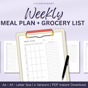 Meal Planner + Grocery List Printable, Weekly Food Journal, Meal Tracker, Menu Plan & Prep, Diet, Fitness, Health, A4/A5/Letter