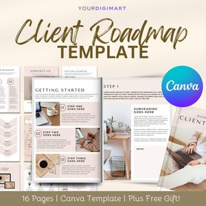 May include: A Canva template for a client roadmap with 16 pages. The template features a light pink and brown color scheme with a modern design. The text "Client Roadmap" is written in a bold, brown font. The template includes sections for "Getting Started", "Step 1", and "Notes".