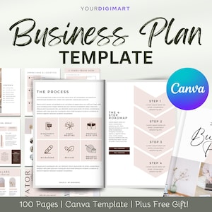 May include: A business plan template with 100 pages, designed for Canva. The template features a pink and white color scheme with a minimalist design. The text "Business Plan" is written in a bold, handwritten font. The template includes sections for financial goals, operations and logistics, and a four-step roadmap.
