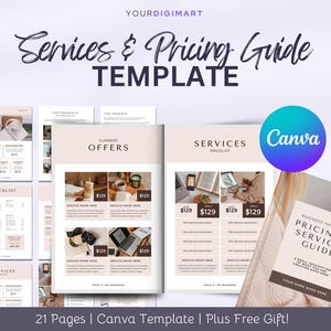 Può includere: Un modello Canva di 21 pagine per una guida ai servizi e ai prezzi. Il modello presenta un design moderno con una tavolozza di colori neutri beige, marrone e bianco. Il modello include sezioni per le offerte attuali, i servizi e un listino prezzi. Il modello include anche un regalo gratuito.