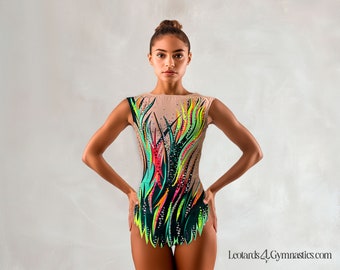 Body da ginnastica scintillante per danza, pattinaggio, balletto, ritmica | Elegante maglia verde e gialla con pietre - CIRCA