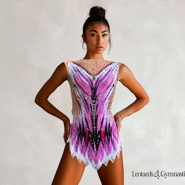 Justaucorps polyvalent pour gymnastique rythmique, patinage, ballet et acrobatie, costume - Lycra élastique, couleurs blanc et violet