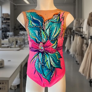 Rhythmic Gymnastics Leotard, Ballet, Skating and Acrobatic Gymnastics - High Quality Elastic Lycra Rose and Light Blue - WIND