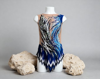 Body da competizione per ginnastica ritmica personalizzato nero e blu con strass | Body da competizione per ginnastica ritmica nero e blu - ORBIT