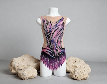 Maillot Ballet VIOLETA – Rosa, Lila, Morado y Negro – Niña/Mujer Sin Mangas Personalizable con Strass