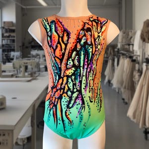 Rhythmic Gymnastics Leotard, Ballet, Skating and Acrobatic Gymnastics - High Quality Elastic Lycra Light Green and Orange - GRACE