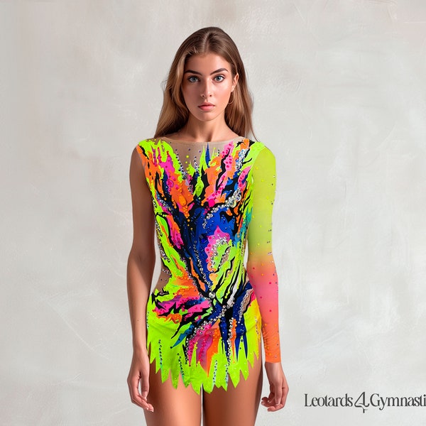 Elegant Leotard for Rhythmic Gymnastics, Ballet, Skating and Acrobatic Gymnastics - Elastic Lycra Fluorescent Yellow, Pink, Orange and Blue Tones