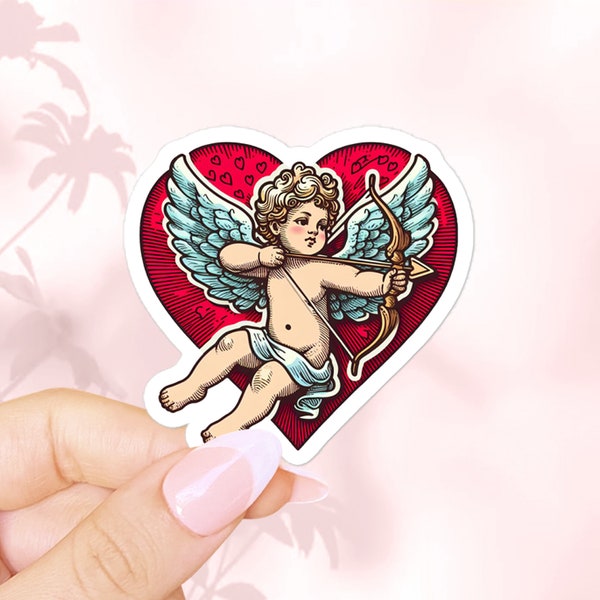 Sticker coeur flèche de Cupidon, sticker romantique en vinyle, art amoureux fantaisiste, saint valentin, design chérubin amoureux. Cadeaux chaleureux pour elle