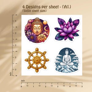May include: A sticker sheet with 4 designs per sheet, measuring 5x5 inches. The designs include a Buddha head with flowers and a moon, a purple lotus flower, a golden dharma wheel, and a Buddha figure meditating on a mountain under a starry sky.