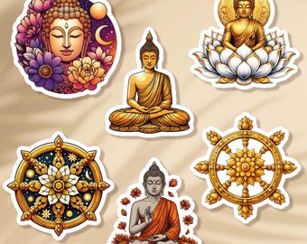 May include: A selection of stickers showcasing illustrations of Buddha. The stickers feature Buddha in different poses, surrounded by lotus flowers, celestial elements, and decorative wheels. The color scheme includes gold, orange, purple, and blue.