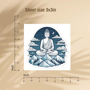 May include: A square sticker featuring a meditating Buddha figure seated atop a mountain range with pine trees. The background shows a dark blue night sky with stars, clouds, and a crescent moon. A ruler indicates a sheet size of 3x3 inches.