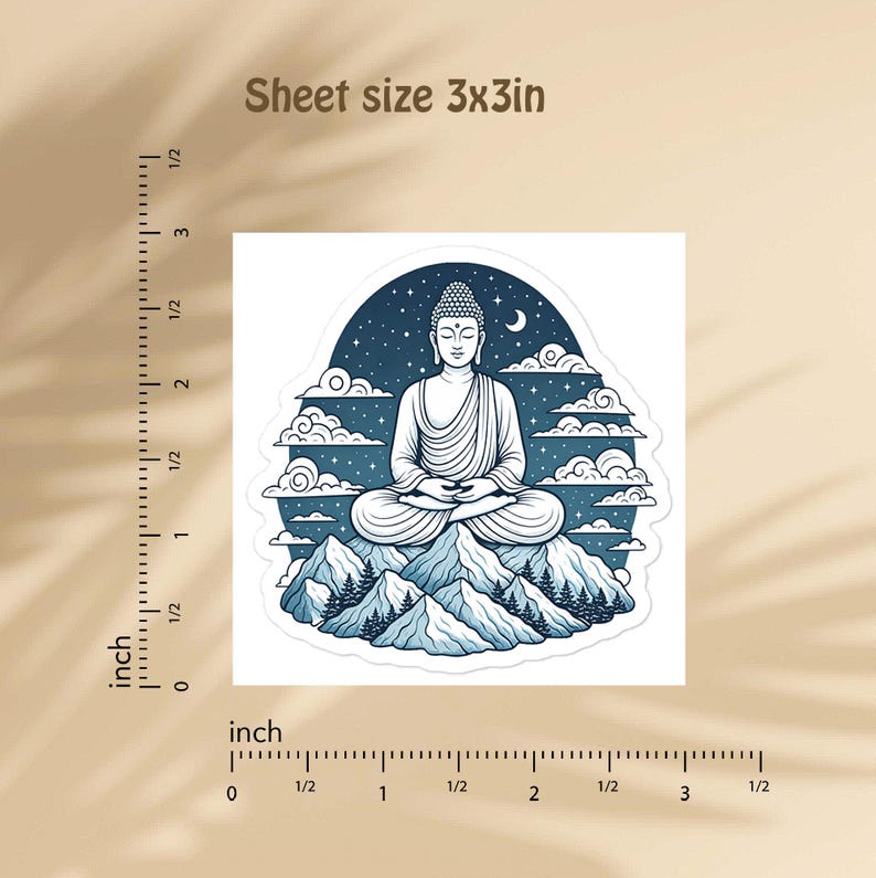 May include: A square sticker featuring a meditating Buddha figure seated atop a mountain range with pine trees. The background shows a dark blue night sky with stars, clouds, and a crescent moon. A ruler indicates a sheet size of 3x3 inches.