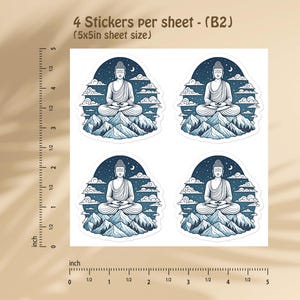 May include: A sheet of four identical stickers, each featuring a Buddha figure meditating on a mountain peak under a starry night sky with clouds. The sheet measures 5x5 inches, as indicated by the visible ruler markings along the edges.