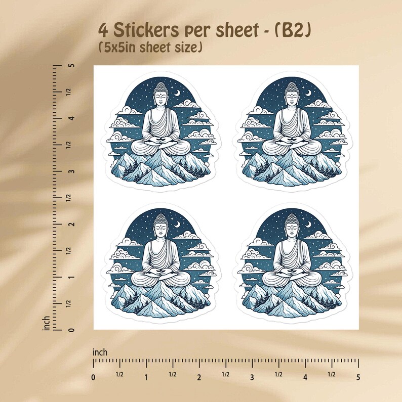 May include: A sheet of four identical stickers, each featuring a Buddha figure meditating on a mountain peak under a starry night sky with clouds. The sheet measures 5x5 inches, as indicated by the visible ruler markings along the edges.