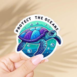Protect the oceans sticker. Save our seas, marine life conservation, ocean lovers gift. Turtle vinyl decal for laptop, scrapbook, journaling