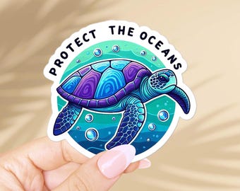 Protect the oceans sticker. Save our seas, marine life conservation, ocean lovers gift. Turtle vinyl decal for laptop, scrapbook, journaling