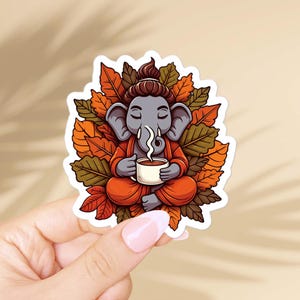 Ganesh mit Kaffee Aufkleber - Hindu-Religion, hinduistische Symbole und spirituelle Geschenke - Yoga lover Vinyl Aufkleber für Gebetstagebuch
