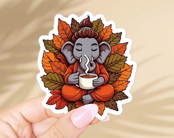 Ganesh with coffee sticker – Hindu religion, cute hinduism symbols and spiritual gifts - Yoga lover vinyl decal for laptop, prayer journal