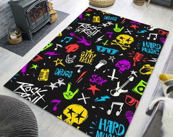 Rock N Roll Soft Area Rug, Grunge Style Hard Music Lover Carpet Decor, Colorful Punk, Music Room Decor, Gift