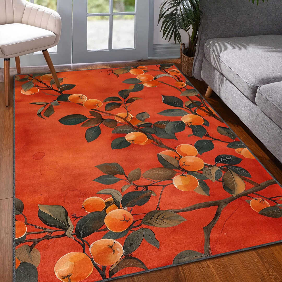 Vivid Orange Orchard Rug Elegant Leaf and Fruit Design for Bright and ...