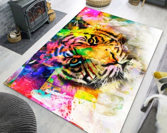 Colorful Oil Painting Themed Tiger Rug, Animal Printed Home Decor, Non-Slip Floor Area Mat for Living Room, Bedroom, Bathroom