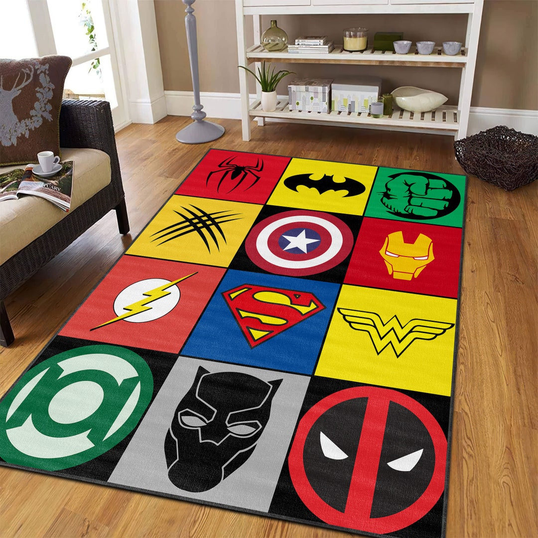 Marvel Super Hero Sybol Area Rug, Super Hero Carpet, Kids Marvel Mat