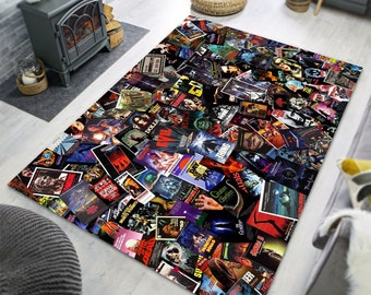 Horror Movie Collage Soft Area Rug, Movie Room Non-Slip Thick Carpet, Movie Cover Archive Decor, Christmas Gift