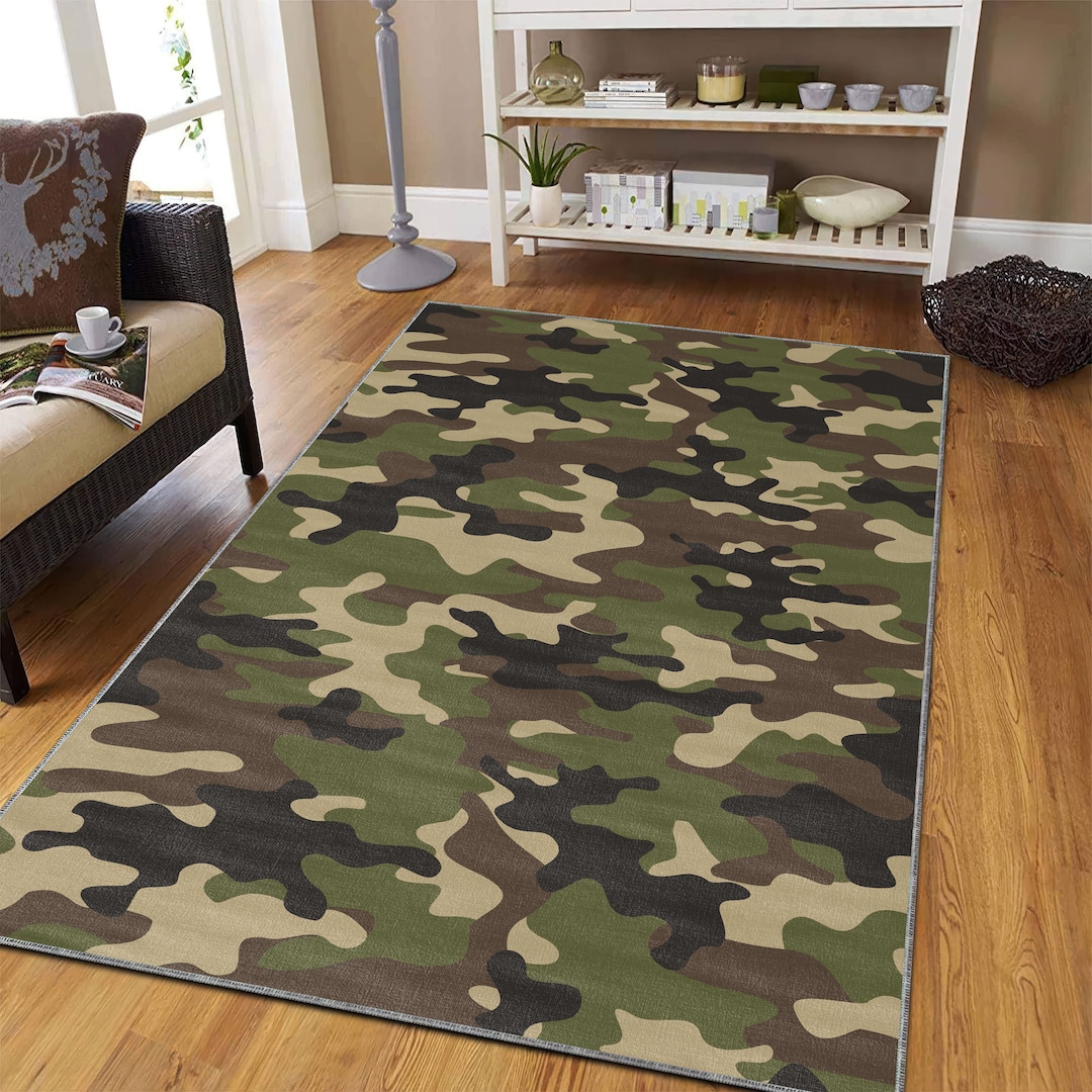 Round Rug Army Green Camouflage Themed Army Style Non-slip Area Rug, Soldier Room ...