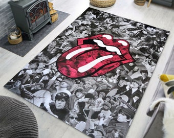 Rolling Stones Music Decor Rug, Black and White Retro Carpet  Soft Area Thick Rug, Heavy Metal Rug,Lips Metal Carpet ,Birthday Gift