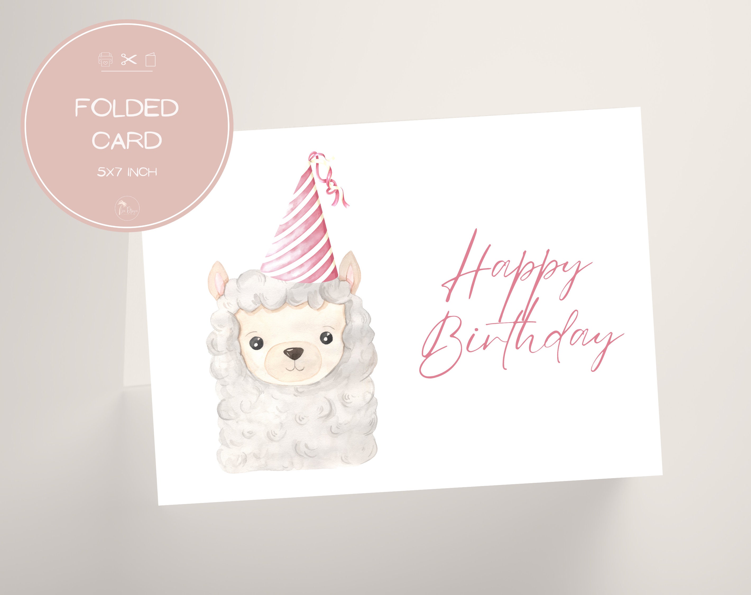Printable Alpaca Birthday Card for Kids / Fun Girl Pink Greeting Card ...
