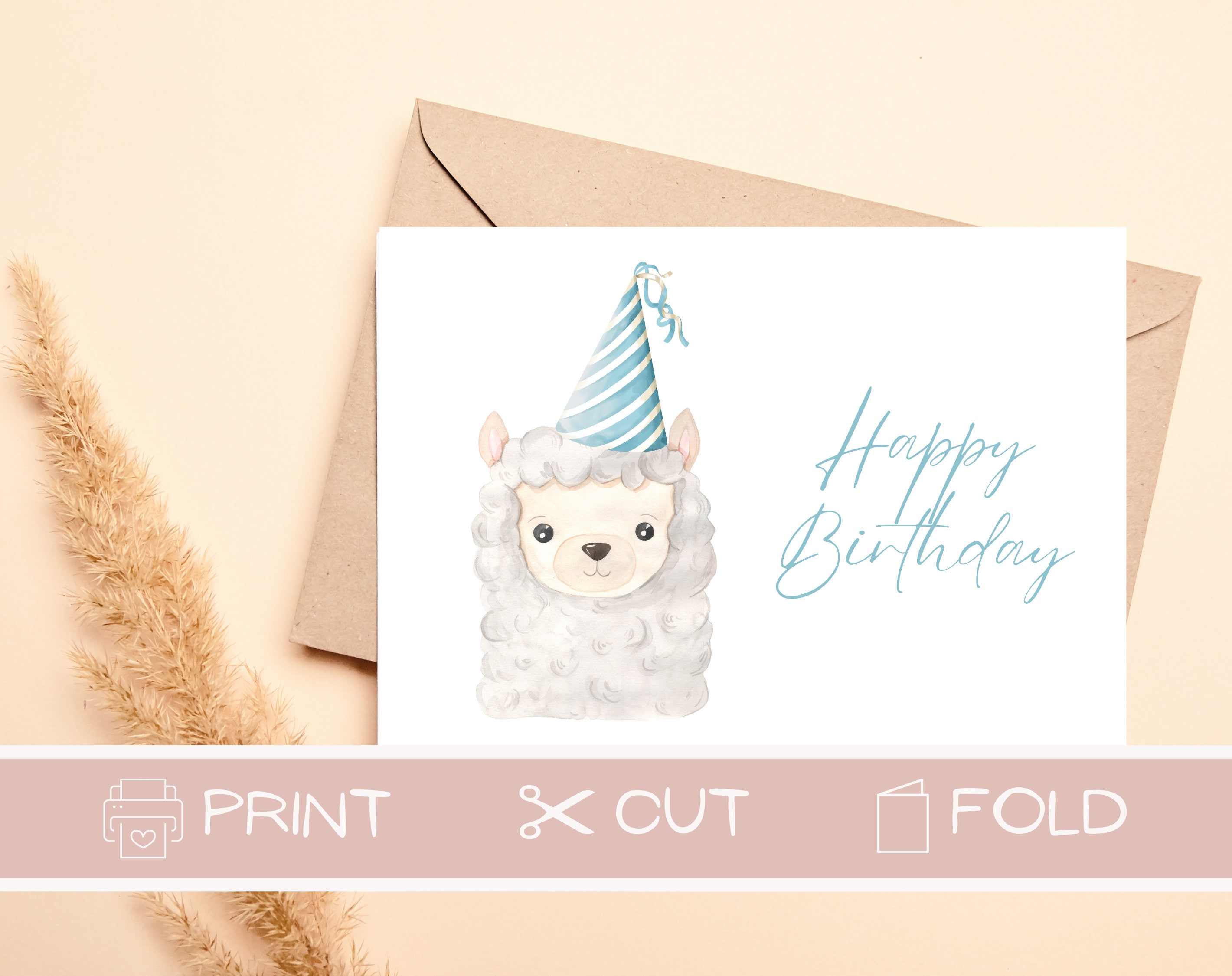 Printable Alpaca Birthday Card for Kids / Fun Blue Boy Greeting Card ...