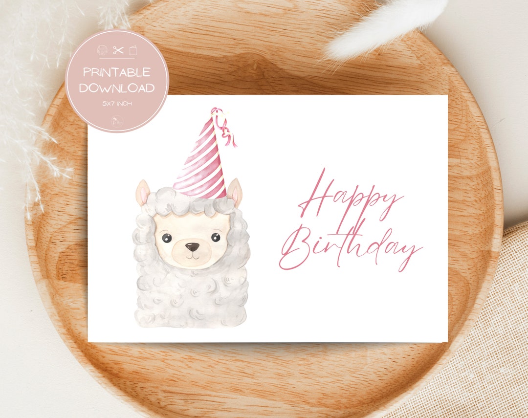 Printable Alpaca Birthday Card for Kids / Fun Girl Pink Greeting Card ...
