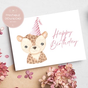Printable Cheetah Pink Birthday Card for Kids / Fun Girl Pink Greeting Card Children / Digital Download