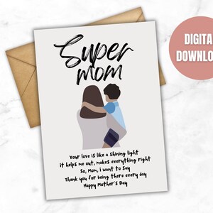 AFDRUKBARE Super moeder Moederdag kaart, moeder en zoon, jongen, digitale download, wenskaart, kaart voor moeder, Happy Mother's Day, US ENGLISH