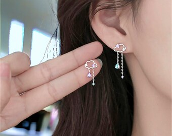 Pendientes delicados de borlas de nube de lluvia, elegantes pendientes de nube y gota de lluvia, pendientes divertidos, pendientes colgantes de plata con cristal CZ, regalo para ella