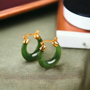 Natural Jade Gold Hoop Earrings, 925 Silver Green Gemstone Statement Earrings For Women, Huggie Earrings, Hetian Jade Earrings, Gift For Her