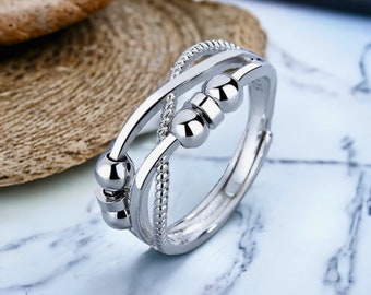 Anillo de plata para ansiedad Fidget TDAH, anillo giratorio, anillos de plata ajustables para mujeres, anillo giratorio, anillo de estrés, regalo para ella