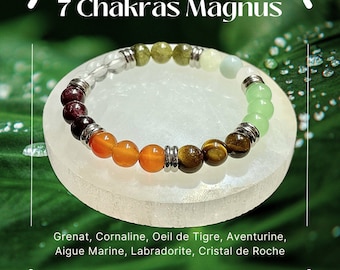 Bracelet 7 Chakras - Grenat, Cornaline, Œil de Tigre, Aventurine, Aigue-Marine, Labradorite, Cristal de Roche