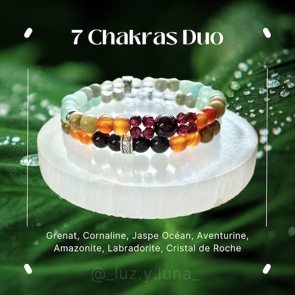 Bracelet 7 Chakras - Grenat, Cornaline, Jaspe Océan, Aventurine, Amazonite, Labradorite, Cristal de Roche