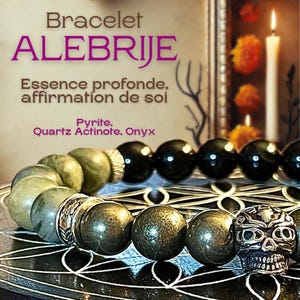 Peut inclure: Un bracelet composé de perles vertes, noires et argentées. Le bracelet a un charme en forme de crâne et le texte "Bracelet ALEBRIJE Essence profonde, affirmation de soi Pyrite, Quartz Actinote, Onyx" est visible sur l'image.