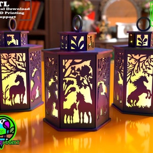 May include: Three purple wooden lanterns with intricate cutouts of horses, trees, and flowers. The lanterns are illuminated from within, casting a warm glow. The text '.STL - Digital Download for 3D Printing - No Support' is visible in the top left corner of the image.