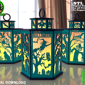 May include: Teal Halloween lanterns with intricate cut-out designs featuring bats, cats, witches, and pumpkins. The word "HALLOWEEN" is displayed on the front of the lanterns. The lanterns are illuminated from within, creating a warm glow.